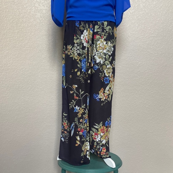 Saks Fifth Avenue Floral Wide Leg Pants - Black and Multicolor - Picture 1 of 10